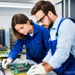 건축전기설비기사 과목별 학습 자료 추천 - **Prompt:** A focused young apprentice electrician, either male or female, diligently connecting wir...