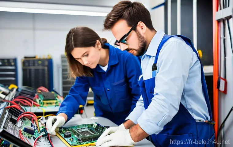 건축전기설비기사 과목별 학습 자료 추천 - **Prompt:** A focused young apprentice electrician, either male or female, diligently connecting wir...